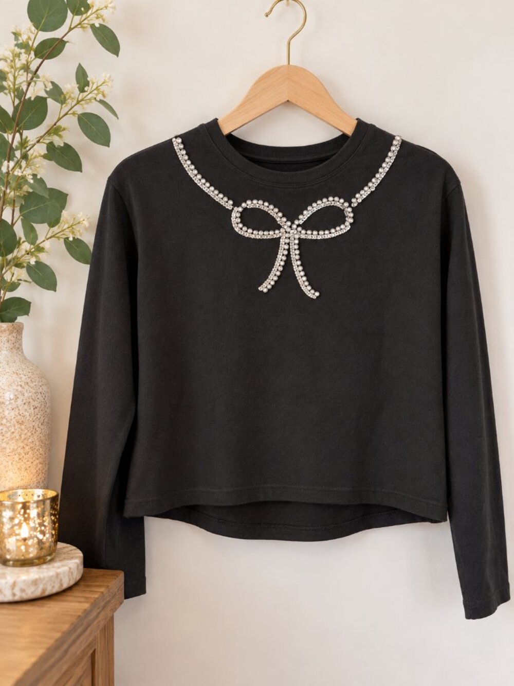 J.Crew Girls Rhinestone Bow Long Sleeve Top Black XL 12/13